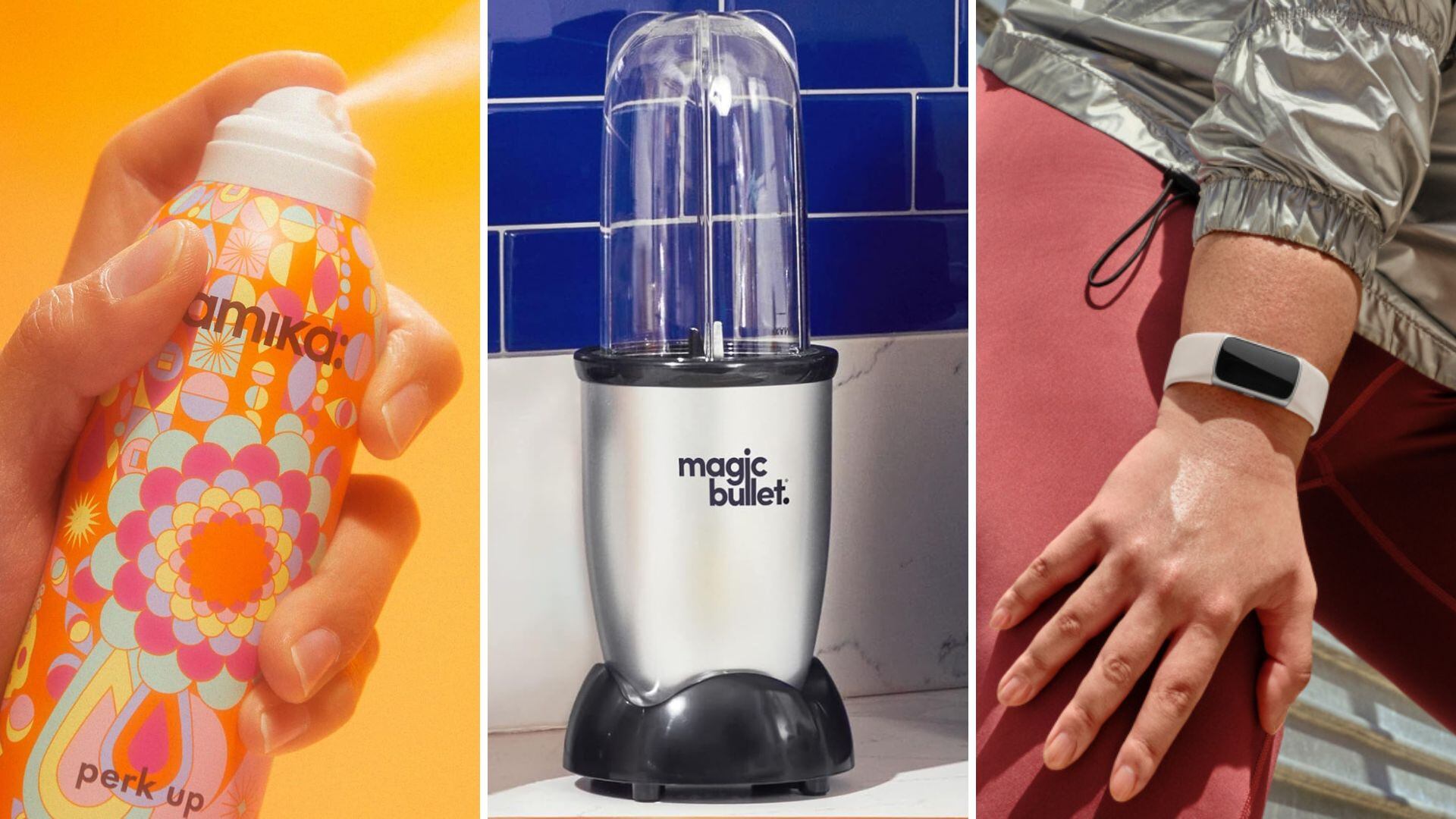 Amika dry shampoo, a Magic Bullet blender, and a FitBit.