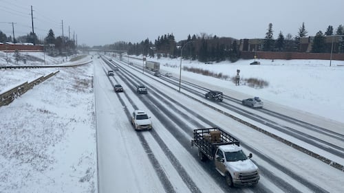Motorists drive on snow roads in Edmonton on Feb. 17, 2026. (Miriam Valdes-Carletti / CTV News Edmonton)