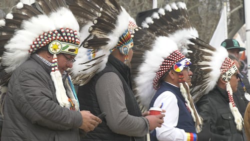 First Nations groups held a rally at Edmonton's Churchill Square on April 8, 2026 to speak out against a potential separation referendum. (Brandon Lynch/CTV News Edmonton)