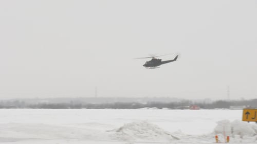 Six CH-146 Griffons from the 408 Tactical Helicopter Squadron of the Royal Canadian Air Force fly from Edmonton to Fort Wainwright, Alaska, on Jan. 26, 2026. (Evan Klippenstein/CTV News Edmonton)