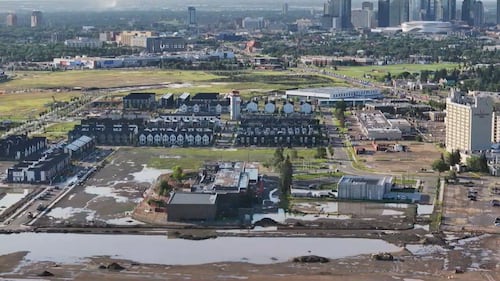 Water sits in Edmonton's Blatchford community after an early morning storm on July 15, 2026. (Sean McClune / CTV News Edmonton)