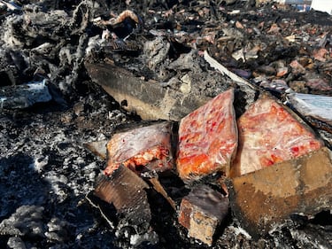 Lobster meat is pictured in the aftermath of a fire at a lobster processing plant in Wallace, N.S., on Dec. 8, 2025. (CTV Atlantic / Jonathan MacInnis)