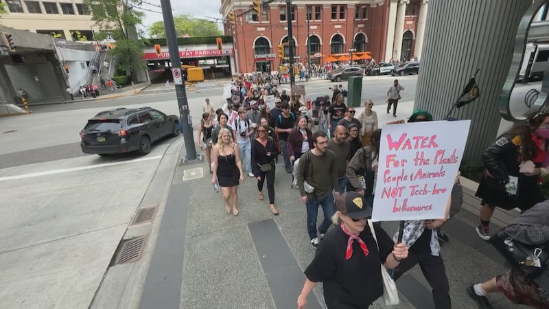 Hundreds march in opposition to AI data centres in Vancouver