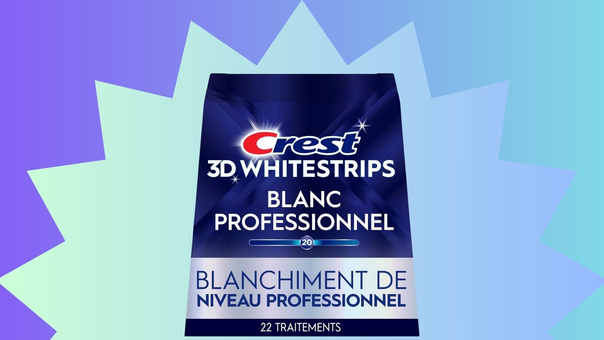 A box of Crest Whitestrips in a blue gradient sunburst.