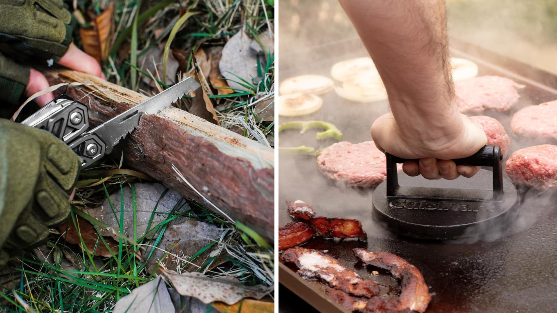 a split image of someone cutting a log and someone pressing a burger on a blackstone
