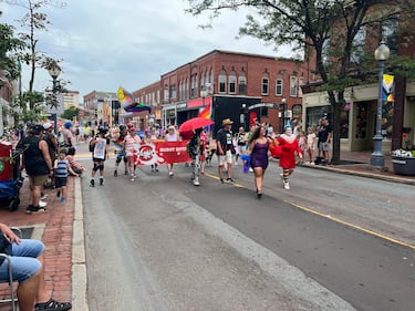 Hundreds of people lines Main Street in Moncton on Saturday for the annual Pride parade. (CTV/Derek Haggett)