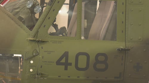 Six CH-146 Griffons from the 408 Tactical Helicopter Squadron of the Royal Canadian Air Force fly from Edmonton to Fort Wainwright, Alaska, on Jan. 26, 2026. (Evan Klippenstein/CTV News Edmonton)
