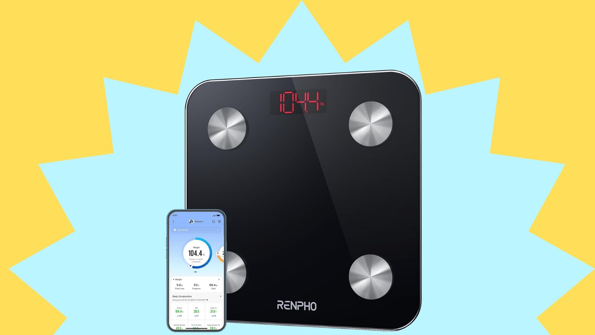 The Renpho smart scale in a blue and yellow starburst.