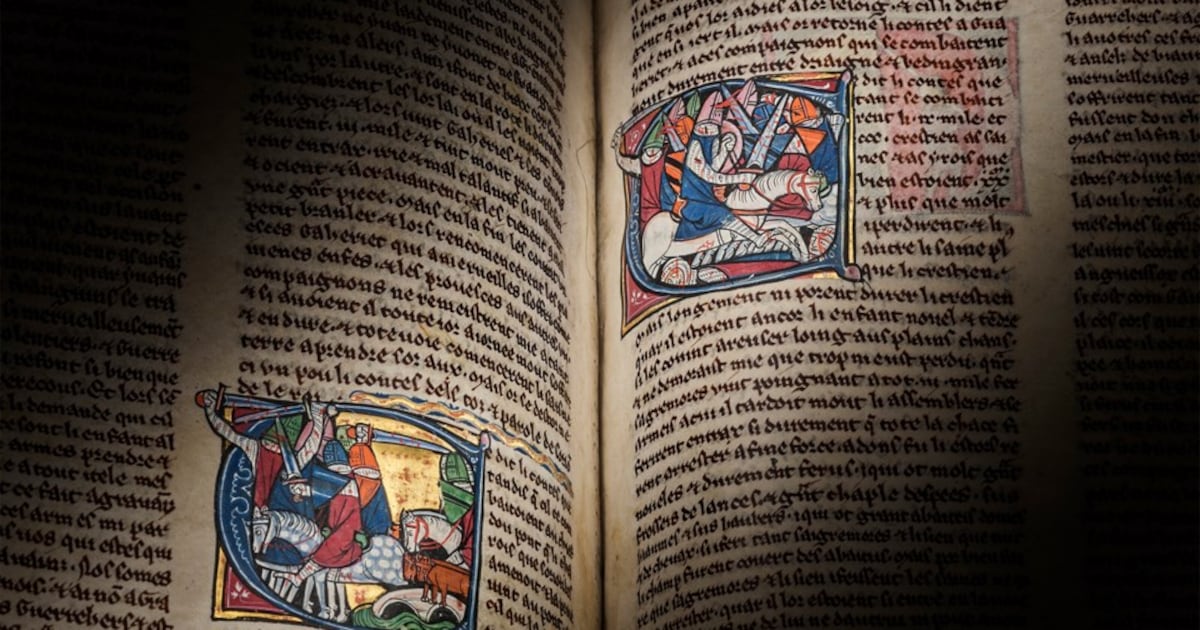 Seltene mittelalterliche Handschrift mit Darstellungen von König Artus und ...
