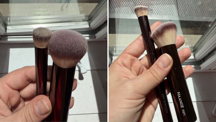 Marie-Pier holding the concealer brush from Hourglass brush and the blush brush from MAANGE