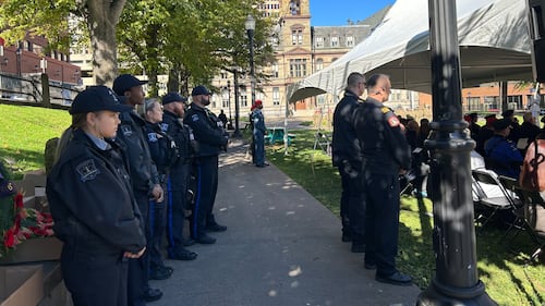 Officers stand at a memorial service.