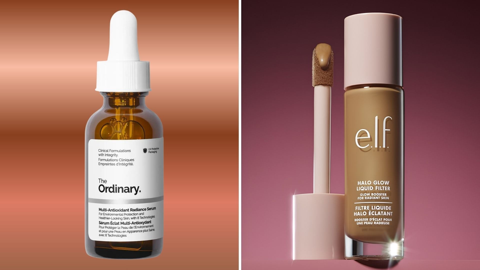 A bottle of vitamin C serum from The Ordinary and e.l.f. Halo Glow.