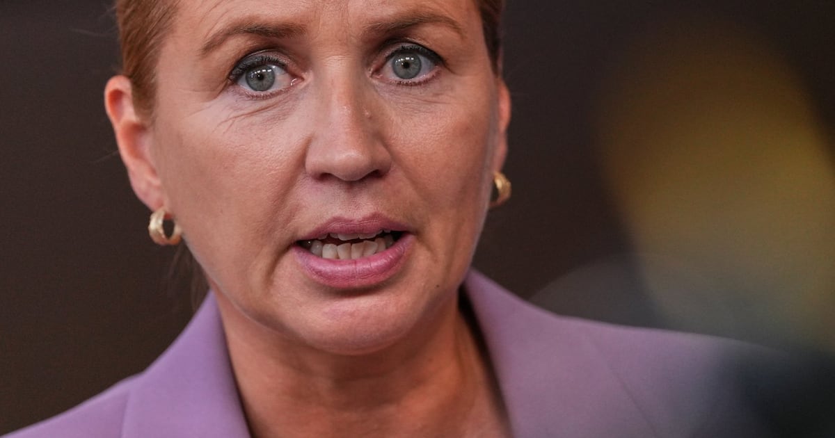 Denmark's Prime Minister Mette Frederiksen talks to journalists as she arrives for the EU summit in Brussels, Thursday, June 18, 2026. (AP Photo/Marius Burgelman, File)