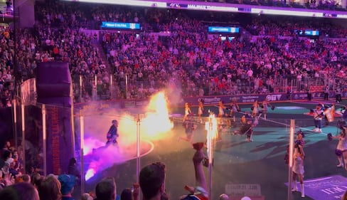 Goalie Warren Hill leads the team onto the floor. (CTV/Marnie Ells)