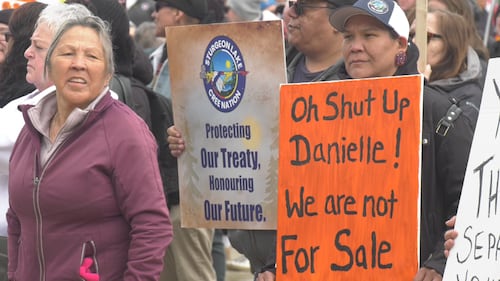 First Nations groups held a rally at Edmonton's Churchill Square on April 8, 2026 to speak out against a potential separation referendum. (Brandon Lynch/CTV News Edmonton)