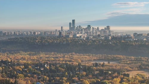 An aerial image of the downtown Edmonton skyline on Oct. 2, 2025. (Cam Wiebe / CTV News Edmonton)
