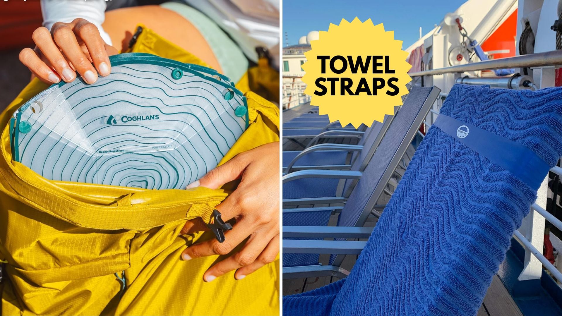 A Coghlan's foldable bowl and towel straps.