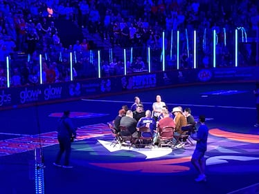 Eastern Eagle performs before each Thunderbirds game. They are an award-winning, contemporary Mi'kmaw powwow drum group from the Sipe'kne'katik First Nation in Nova Scotia. (CTV/Marnie Ells)