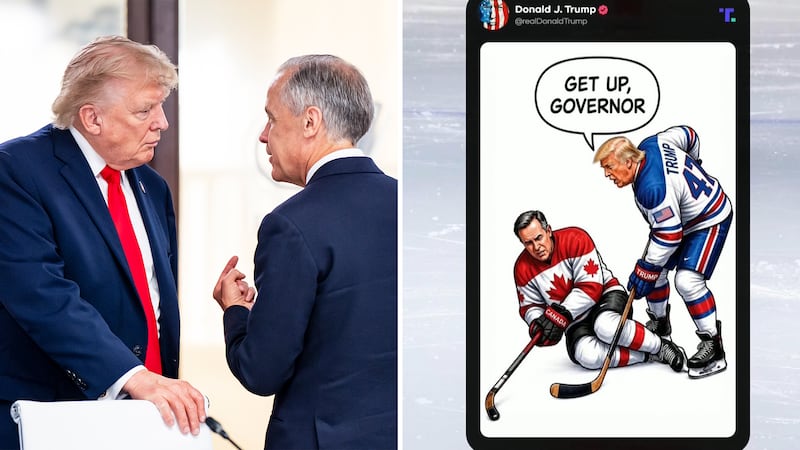 ‘Get up, governor’: Trump takes shot at PM Carney with hockey cartoon