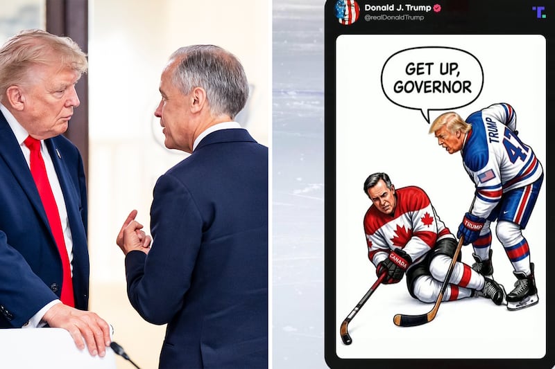 ‘Get up, governor’: Trump takes shot at PM Carney with hockey cartoon