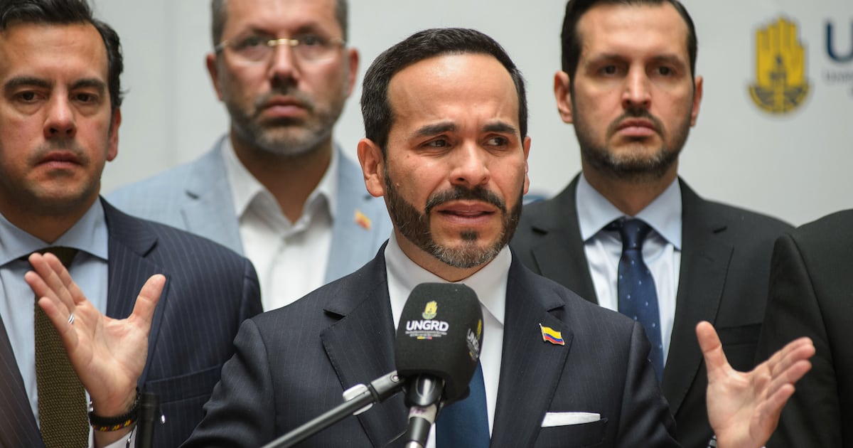 Colombia's President Abelardo de la Espriella speaks after leading and earthquake response meeting in Bogota, Colombia, Monday, Aug. 10, 2026. (AP Photo/Sebastian Barros)