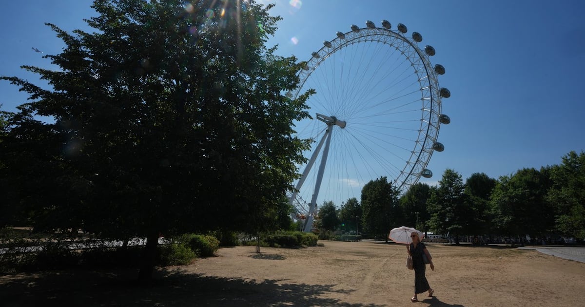 Photo: ctvnews.ca A woman shades under an umbrella as she walks past the London Eye during the fifth heatwave of the year in London, Thursday