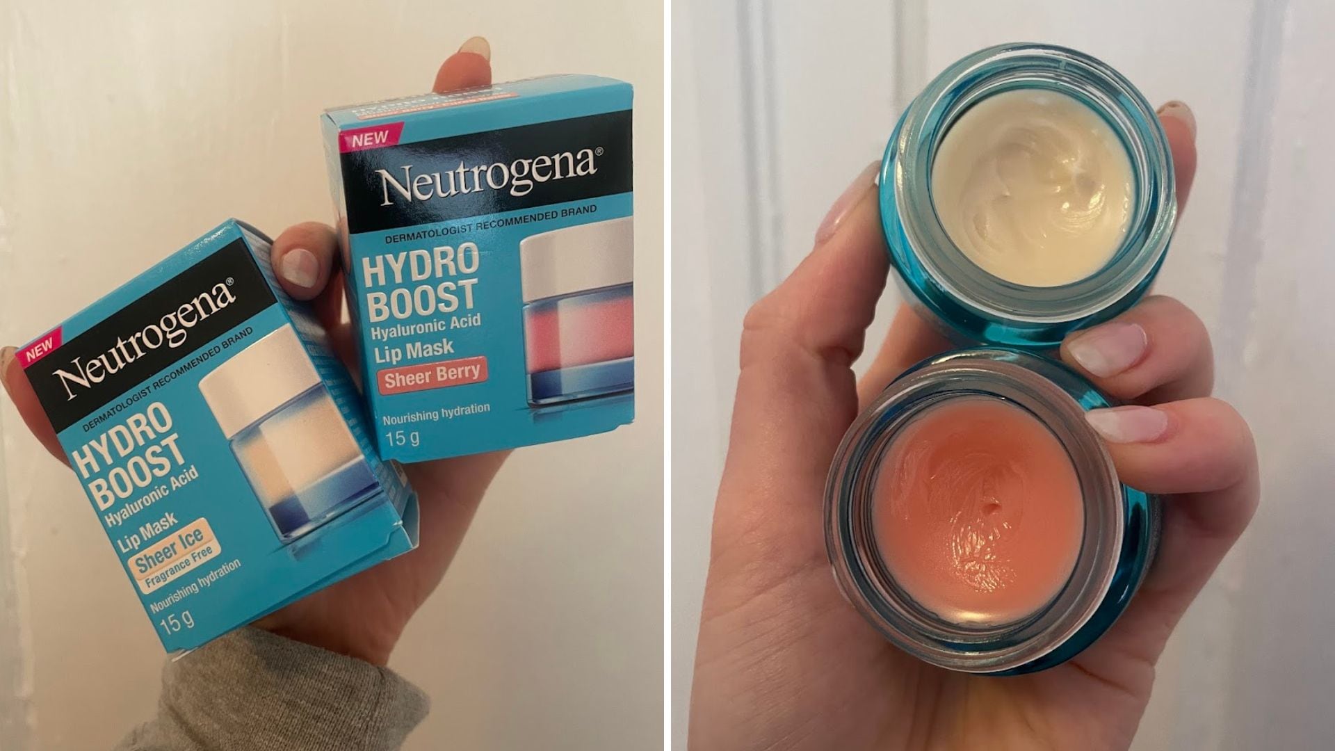 Alice is holding the lip masks in their packaging and with the lids screwed off.