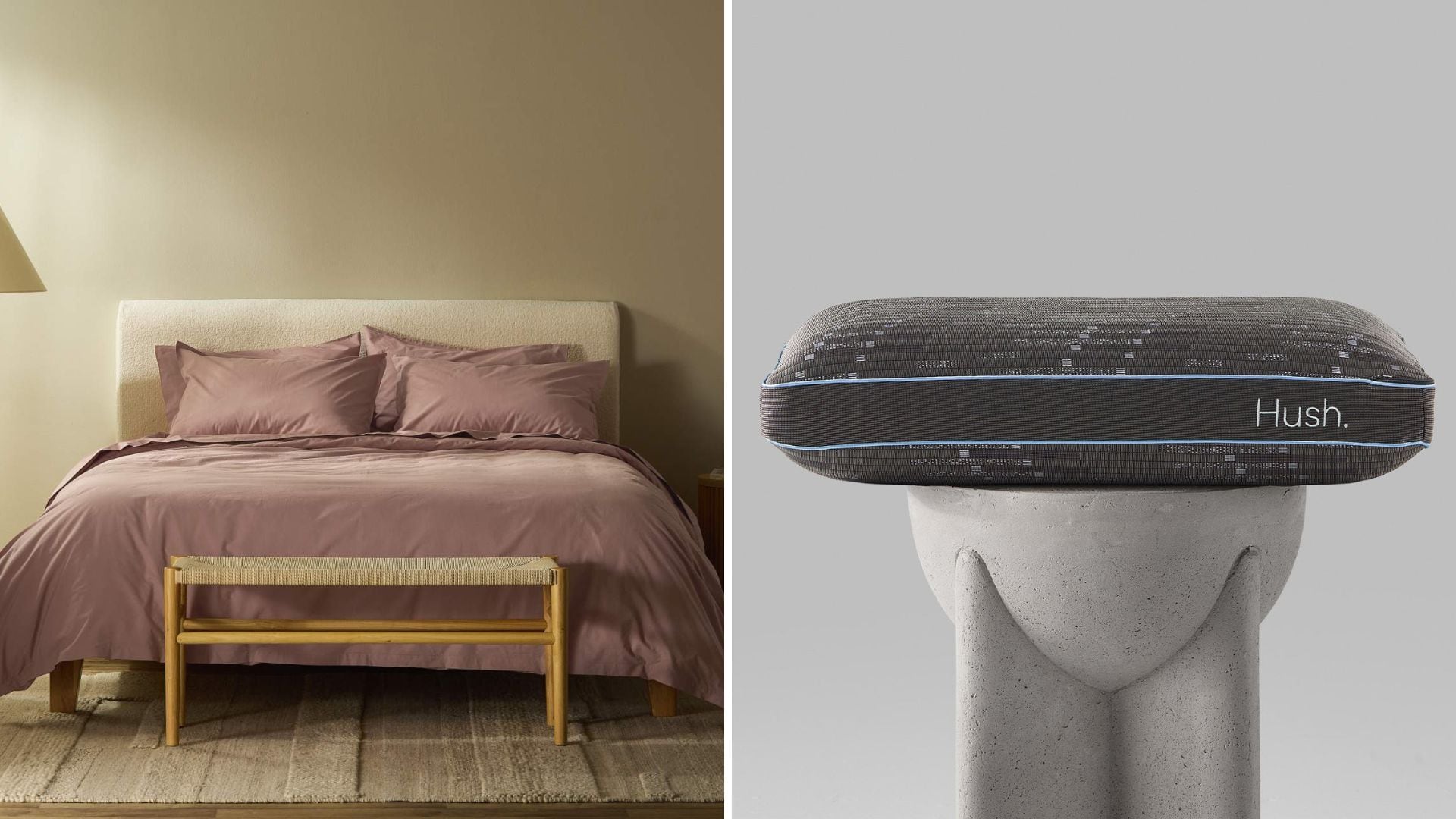 a split image of a bed with sheets on it and a cooling pillow on a pedestal