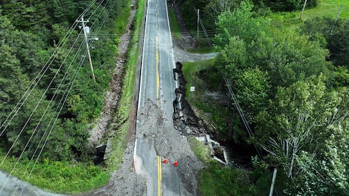 Damage to a road in River Bourgeois, N.S., following severe flooding is seen. (CTV/Darryl Reeves)