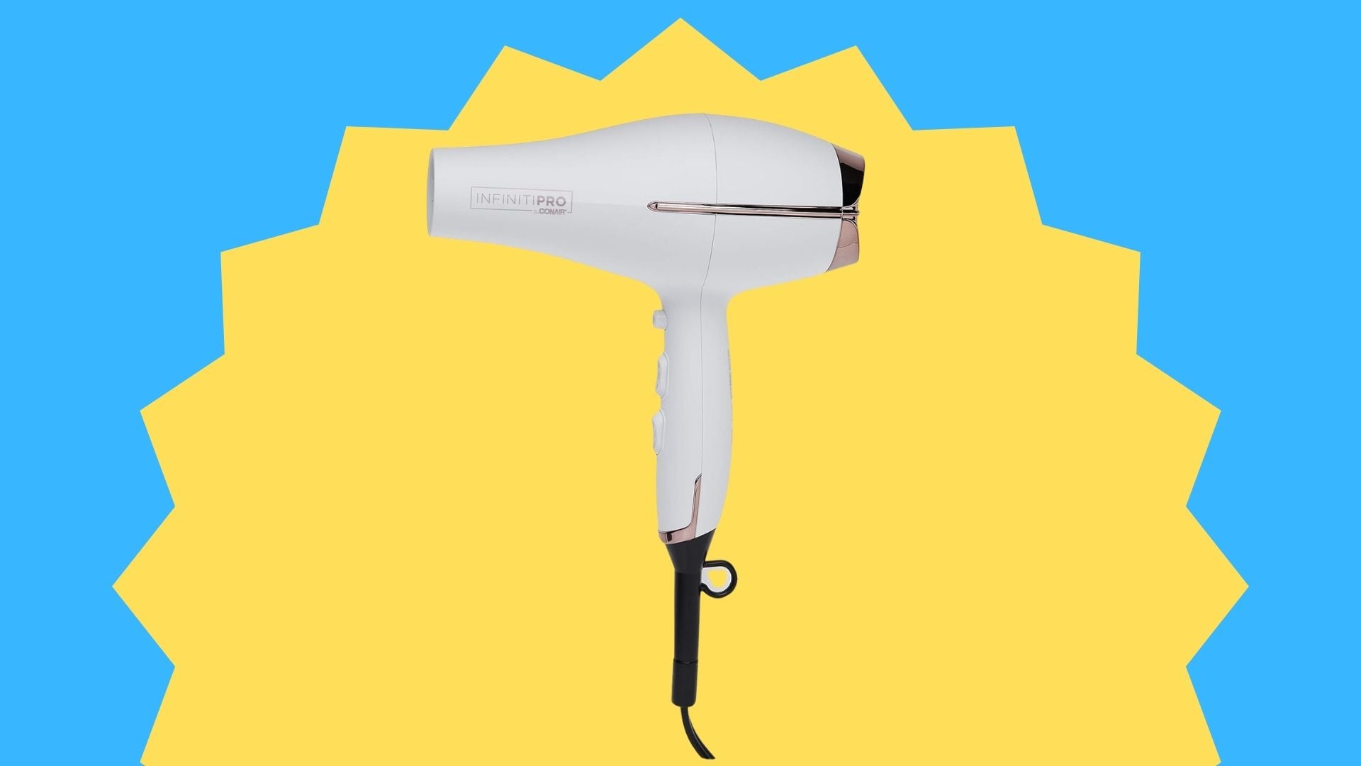 A Conair blow dryer in a yellow sunburst on a blue background.