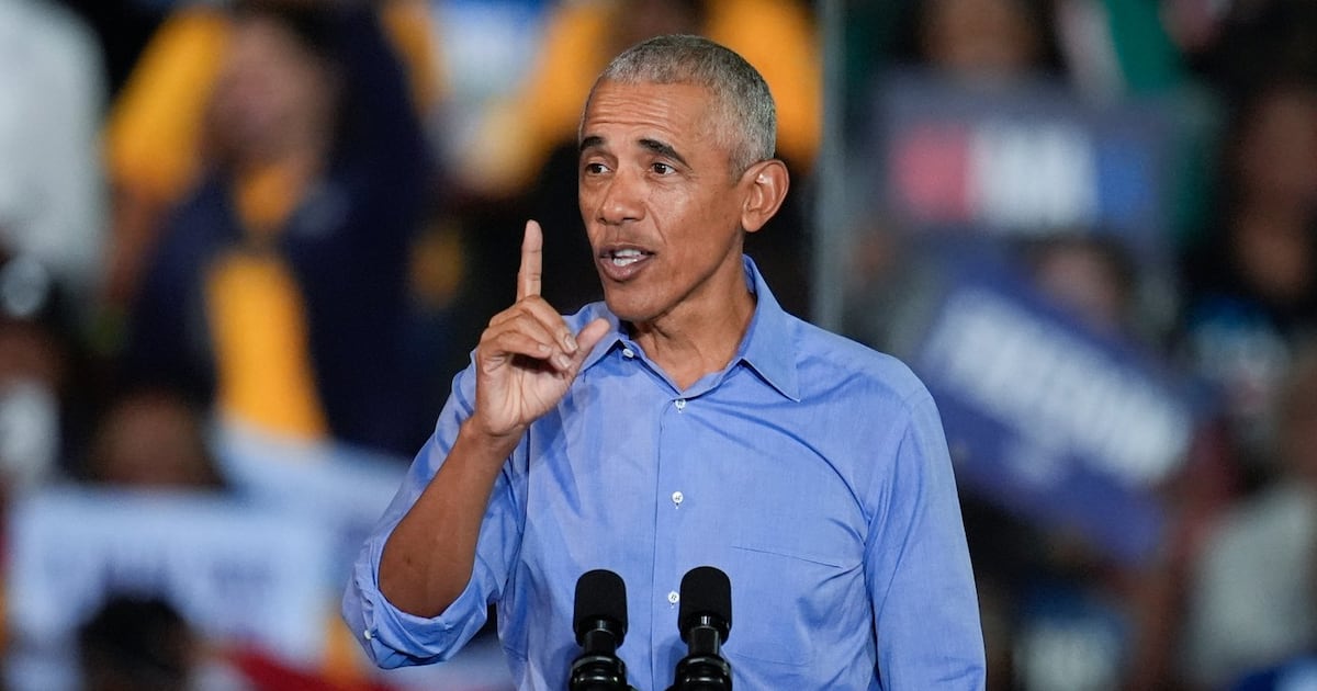 Former president Barack Obama speaks during a campaign rally, Oct. 24, 2024, in Clarkston, Ga. (AP Photo/Mike Stewart, File)