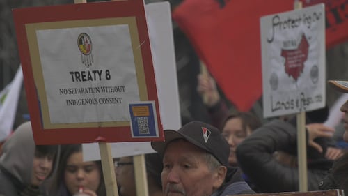 First Nations groups held a rally at Edmonton's Churchill Square on April 8, 2026 to speak out against a potential separation referendum. (Brandon Lynch/CTV News Edmonton)