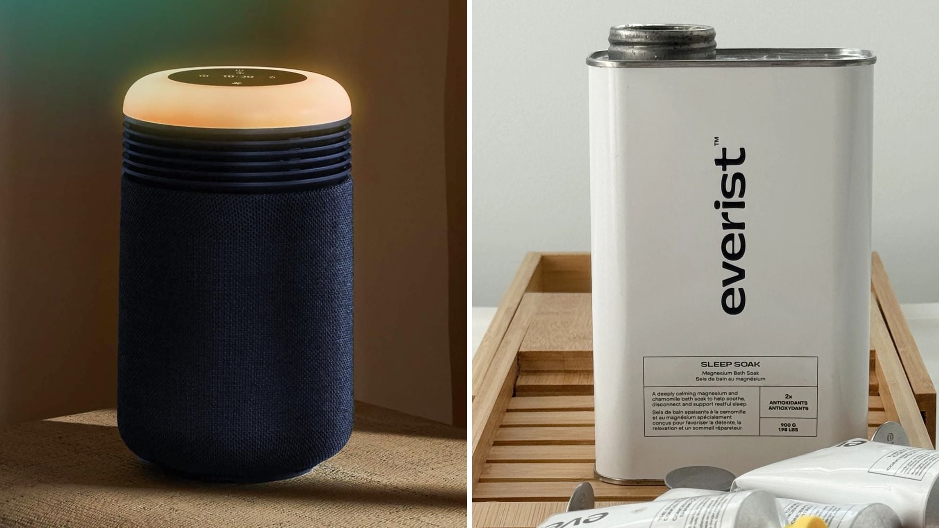 A Blueair sunrise alarm clock/air purifier and Everist bath soak.