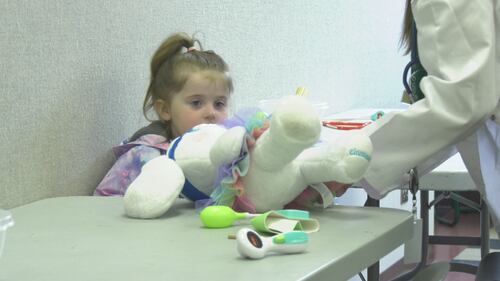 Children and their stuffed animals attend a teddy bear clinic at the Spruce Grove Public Library on March 27, 2026. (Sean McClune/CTV News Edmonton)