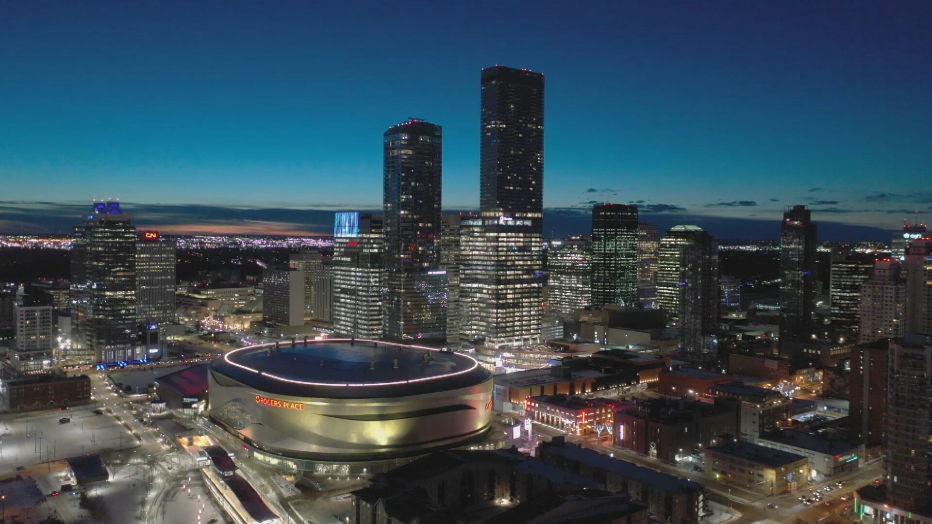 Rogers Place, home of the Edmonton Oilers, in downtown Edmonton is seen in this aerial photo taken on Jan. 21, 2025. (Cam Wiebe / CTV News Edmonton)