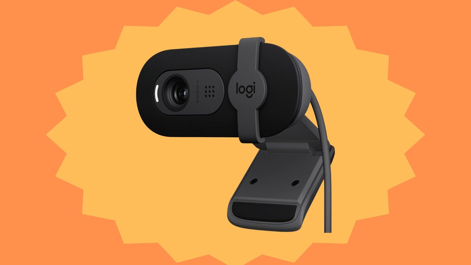 A Logitech Brio 101 Webcam on a sunburst.