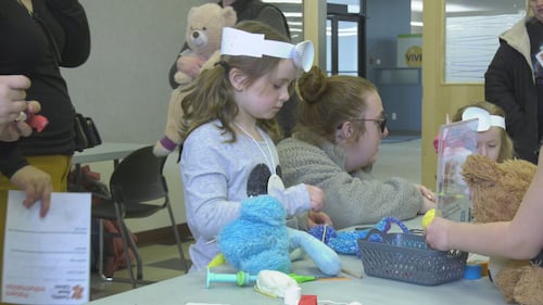 Children and their stuffed animals attend a teddy bear clinic at the Spruce Grove Public Library on March 27, 2026. (Sean McClune/CTV News Edmonton)