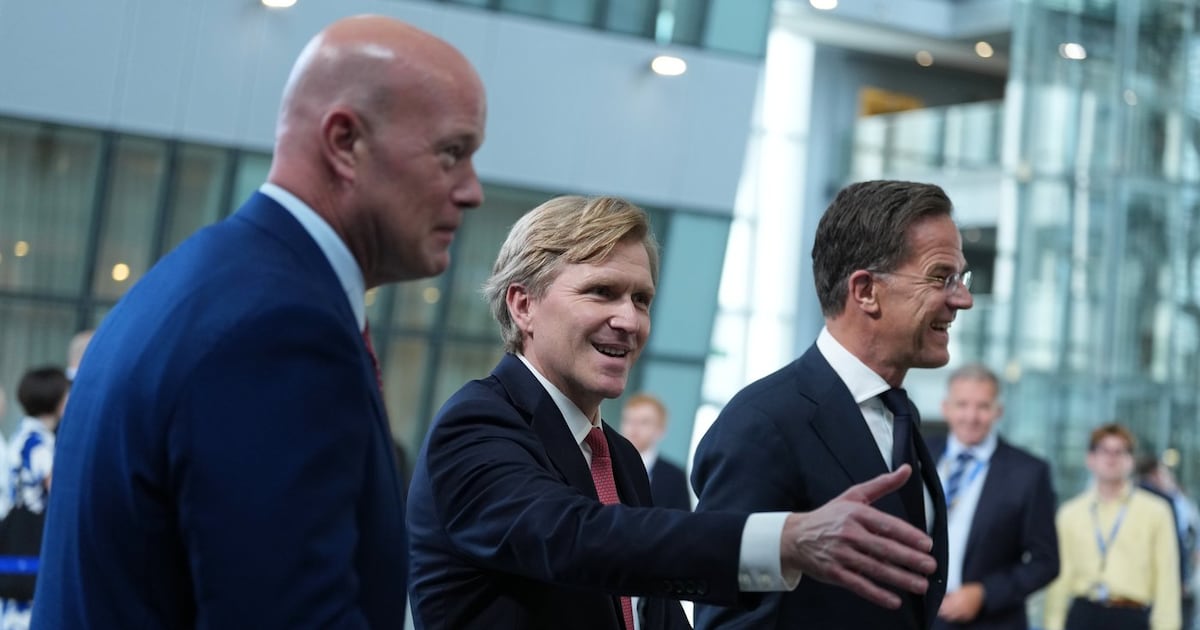 From left, U.S. Ambassador to NATO Matthew Whitaker, U.S. Undersecretary of Defense Elbridge Colby and NATO Secretary General Mark Rutte walk together after addressing the media at NATO headquarters in Brussels, Thursday, Aug. 27, 2026. (AP Photo/Virginia Mayo)