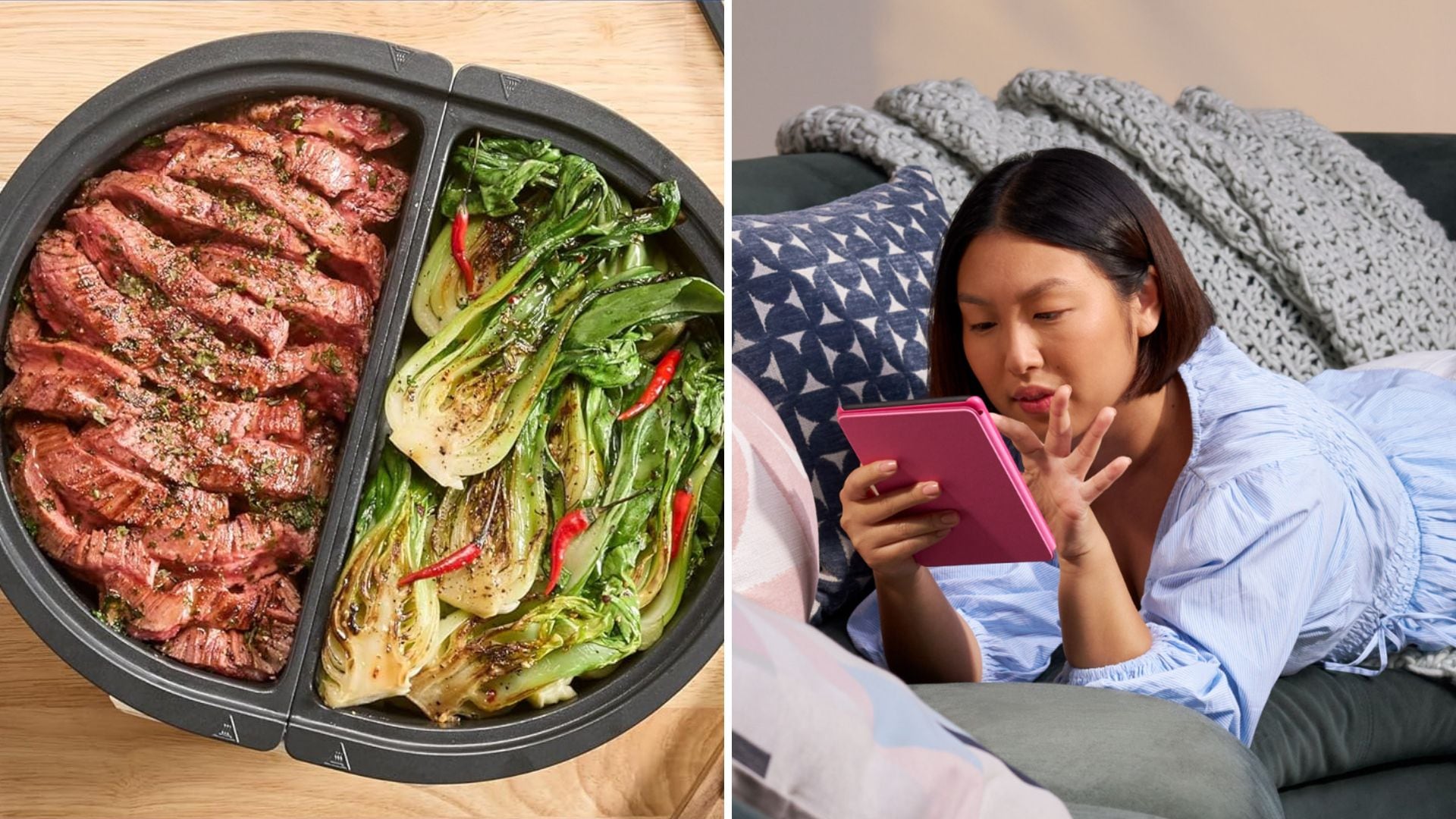 A split Crock-Pot filled with meat and bok choy and a person reading on a Kindle.