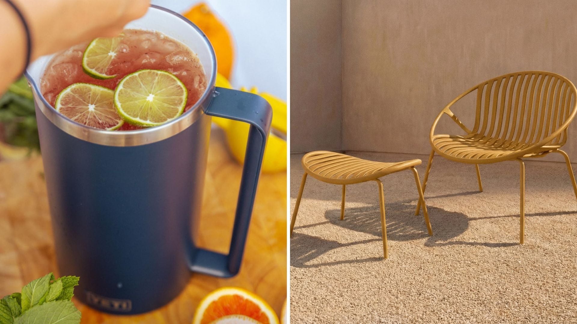 a split image of an insulated pitcher with a drink in it and a stylish outdoor chair
