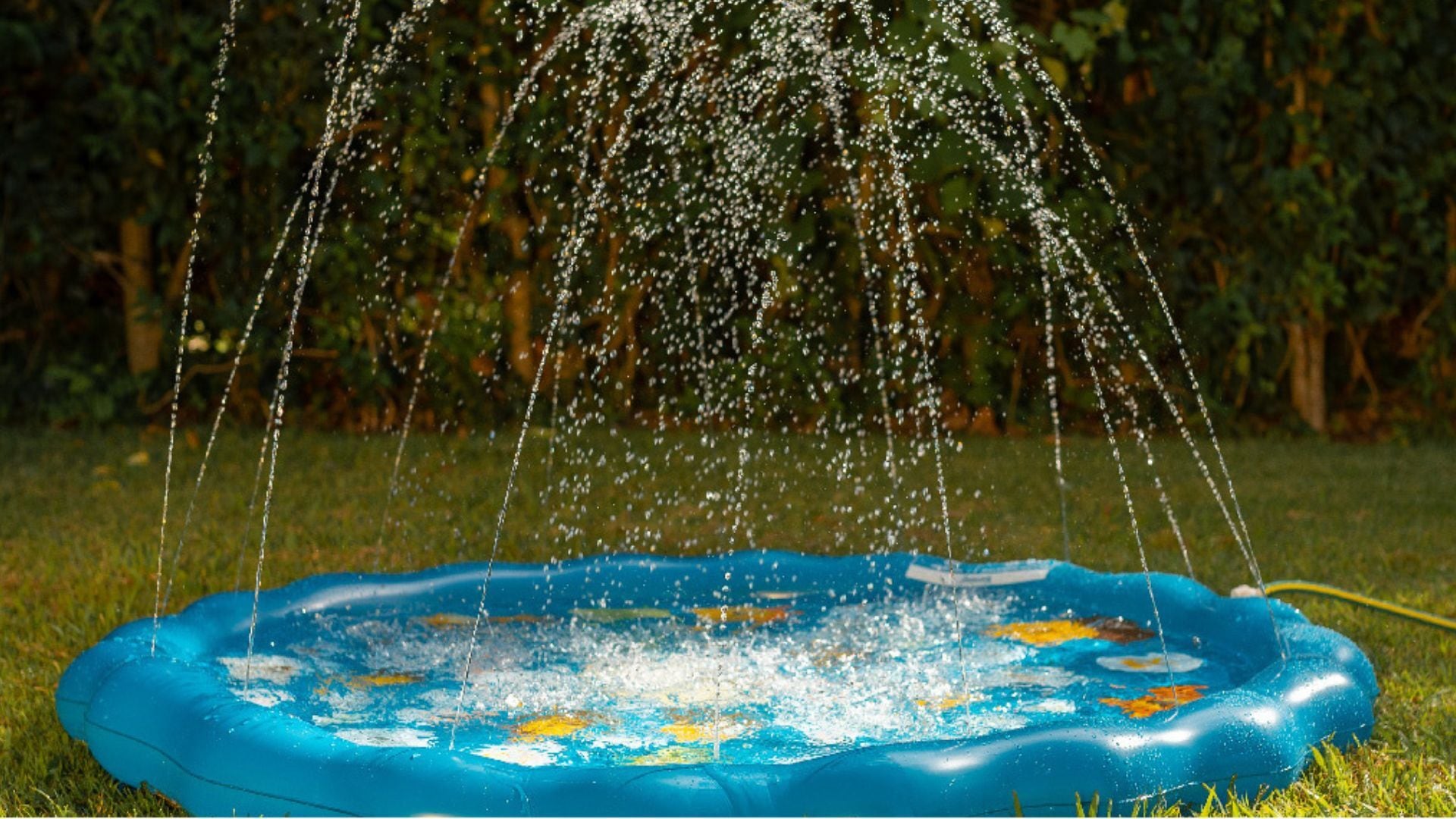 a splash pad with water coming out of it in a backyard
