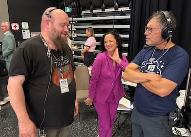 Audio operator Sean Nadeau, CTV's Amanda Debison, and cameraman JW Campbell are pictured at the 42nd annual IWK Telethon. (CTV Atlantic / Mike Lamb)
