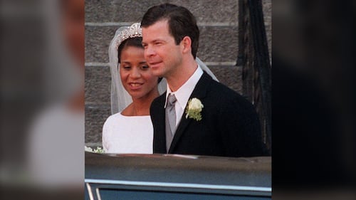 Prince Maximillian of Liechtenstein and his bride, American fashion designer Angela Brown, born in Panama, smile after their wedding at New York's St. Vincent Ferrer Church Saturday, Jan. 29, 2000. (AP Photo/Stephen Chernin)