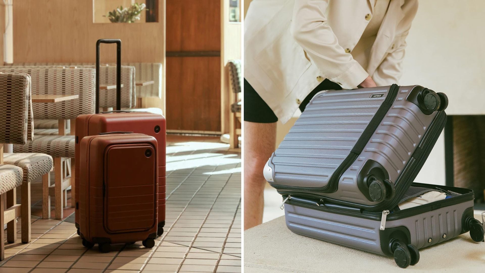 A pair of Monos suitcases and a person opening a Level 8 Grace suitcase.