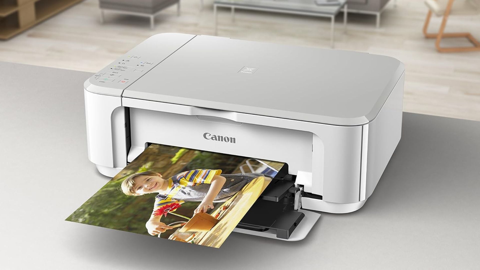 A Canon printer printing a photo.