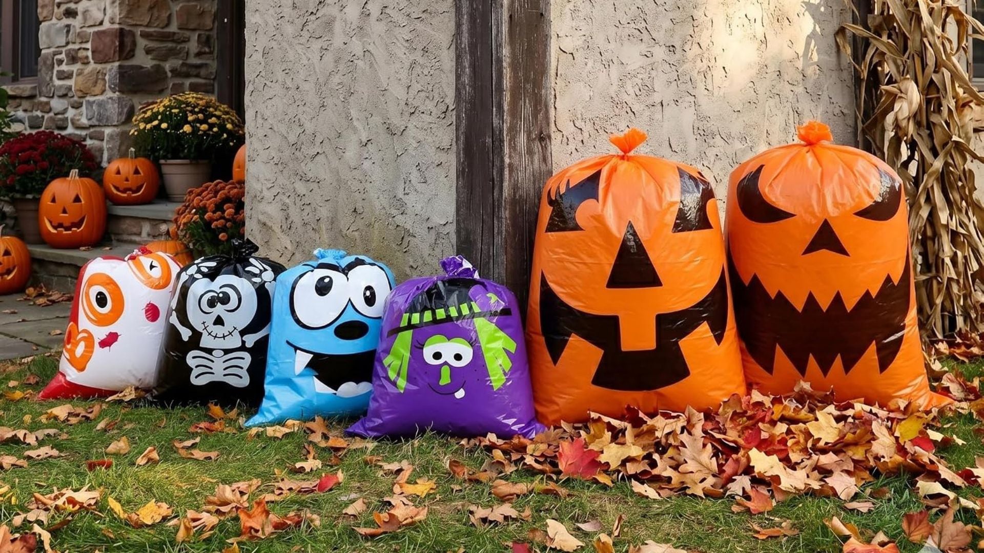 Halloween-themed trash bags lined up on a lawn.