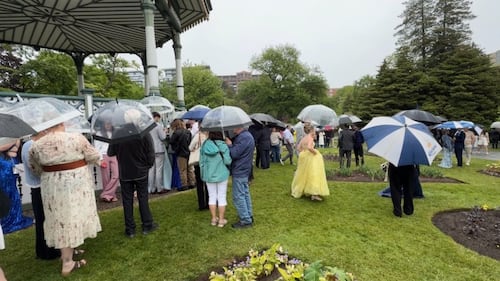 People stand outside with umbrellas.