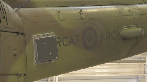 Six CH-146 Griffons from the 408 Tactical Helicopter Squadron of the Royal Canadian Air Force fly from Edmonton to Fort Wainwright, Alaska, on Jan. 26, 2026. (Evan Klippenstein/CTV News Edmonton)