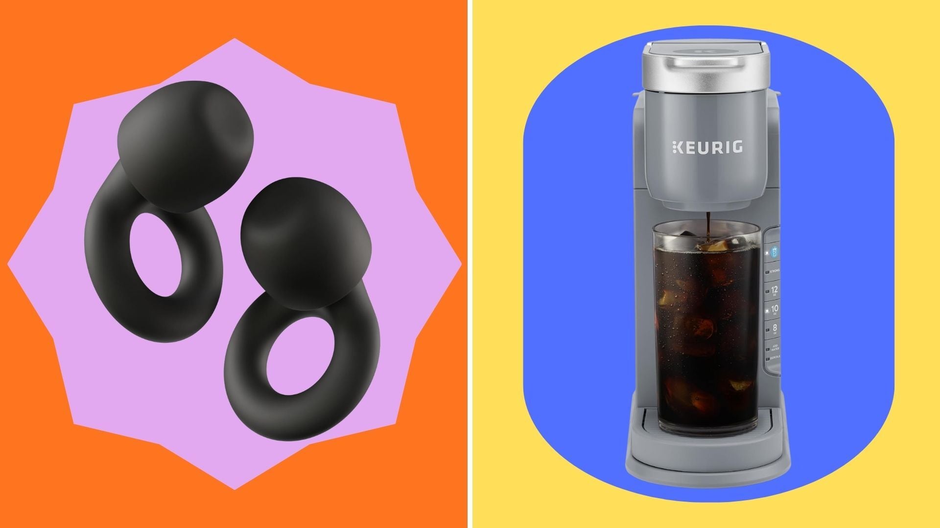 a split image of earplugs and and iced coffee maker with a bright and colourful background