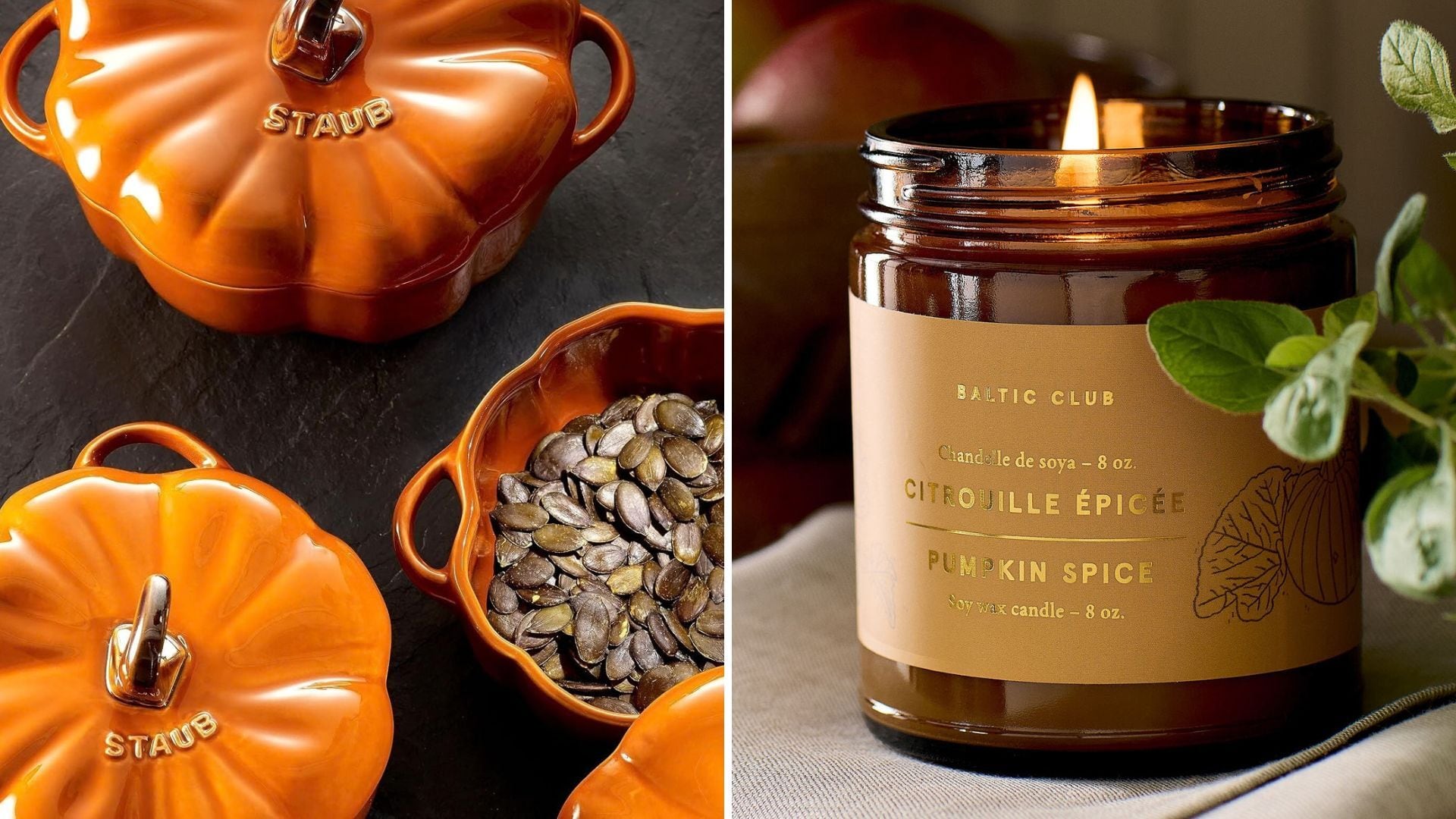 a split image of a pumpkin casserole dish and a fall candle on a table